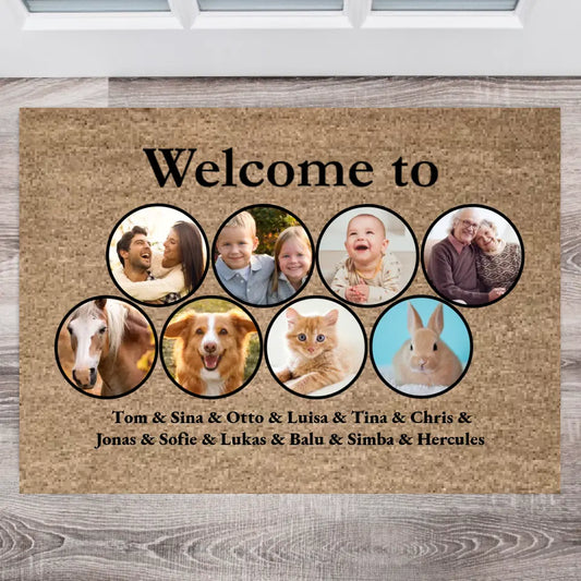 Personalisierte Fußmatte - Willkommen - Familien und Haustier Namen   Lustige individuelle Hund Katze Türmatte selbst gestalten & bedrucken –  kamuprints