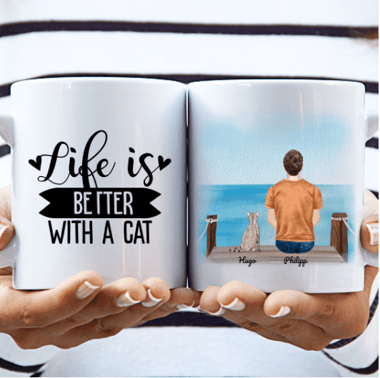 Mann mit Katze Tasse (1-3 Katzen)