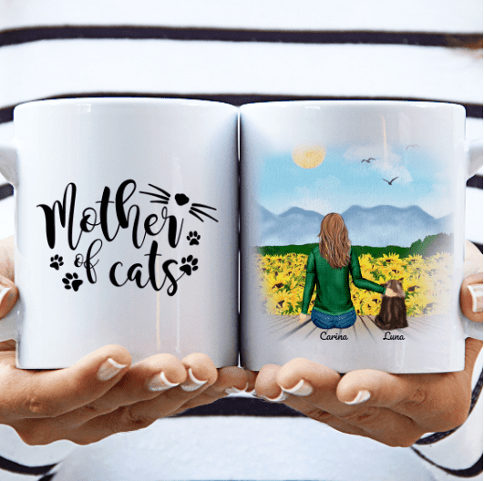 Frau mit Katze Tasse (1-3 Katzen)