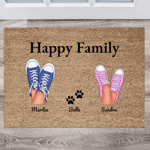 Personalisierte Fußmatte: Familie mit Haustier