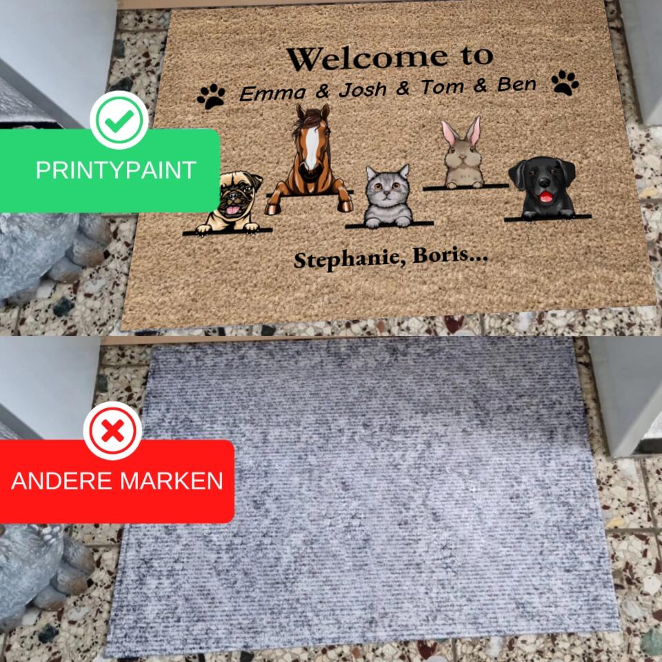 Personalisierte Fußmatte Hund Katze - Willkommen Familien und Haustier  Namen